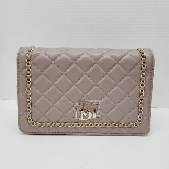 Badgley Mischka Taupe Big Diamond Quilted Braided Gold Chain Crossbody Bag Vegan
